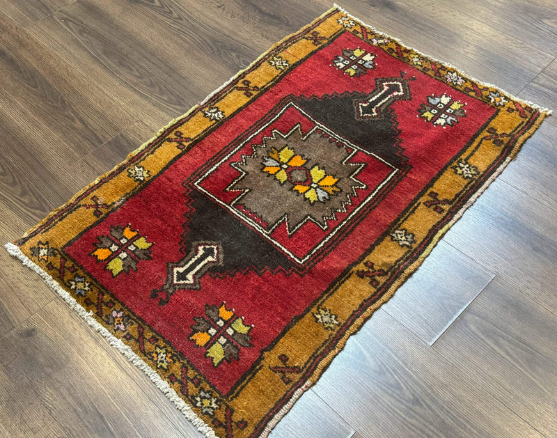 Turkish Yastik Rug 2x3, Geometric Medallion, Small Turkish Wool Rug, Red by Jewel Rugs
