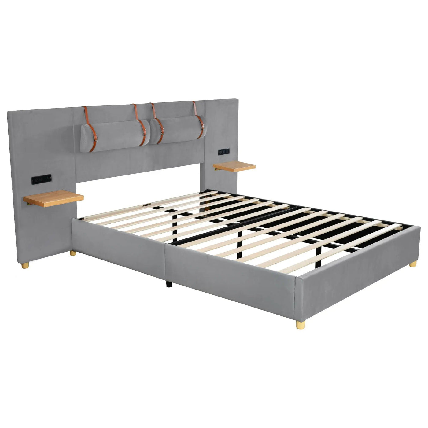 Upholstered Platform Bed, 2 Outlets And USB Charging Ports On Both Sides, 2 Bedside Pillows, Storage Shelves by Unique Piece Furniture
