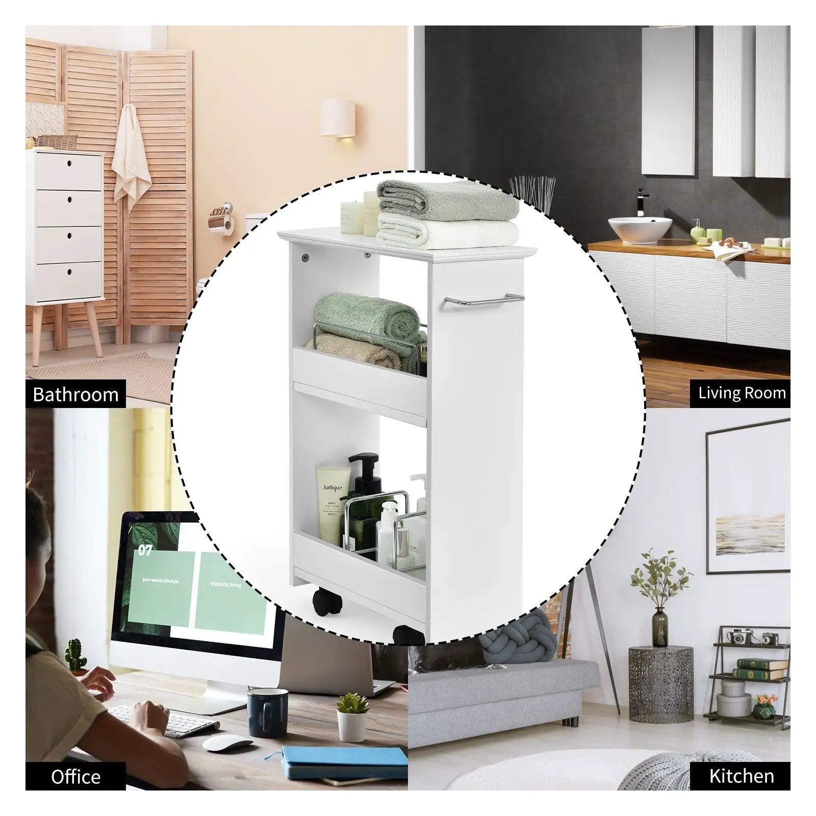 Slim Rolling 3-Tier Bathroom Mobile Shelving Cabinet wih Handle by DirectDeals
