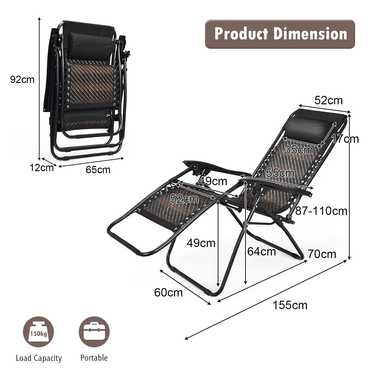 2 Pieces Folding Patio Rattan Zero Gravity Lounge Chair, photo 4 of 10