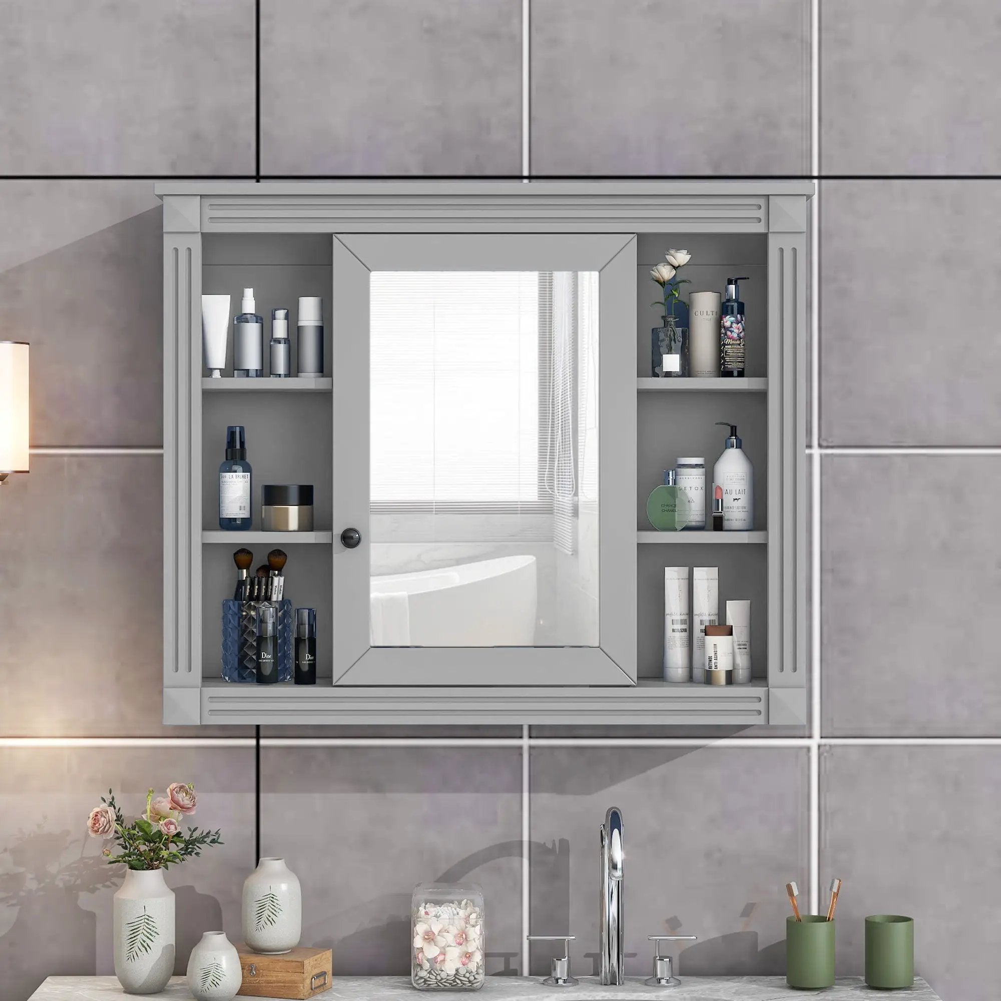 Wall Mounted Bathroom Storage Cabinet With Mirror, Cabinet With 6 Open Shelves And Adjustable Interior by Unique Piece Furniture