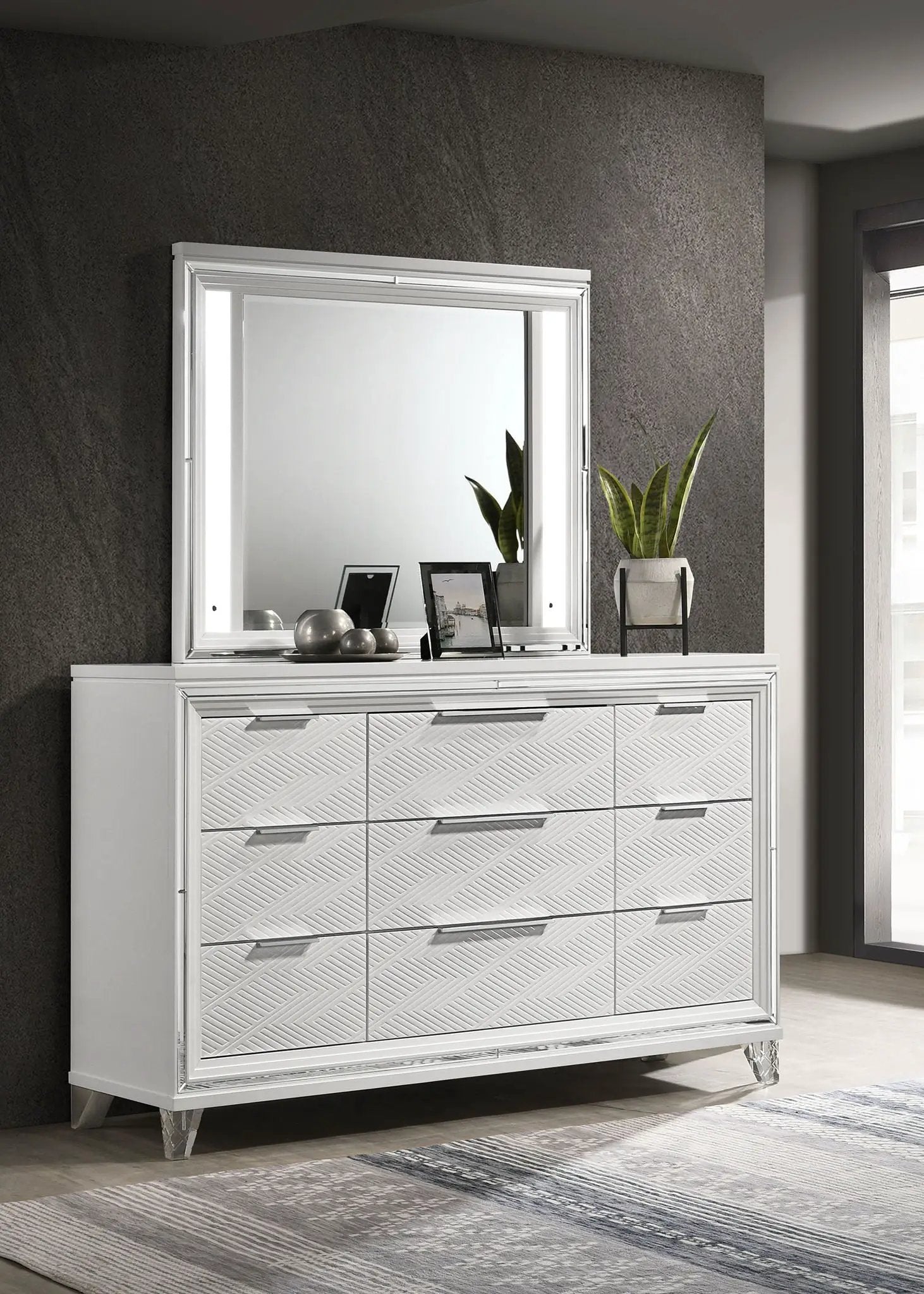 Marmore 9-drawer Dresser and LED Mirror White by Unique Piece Furniture