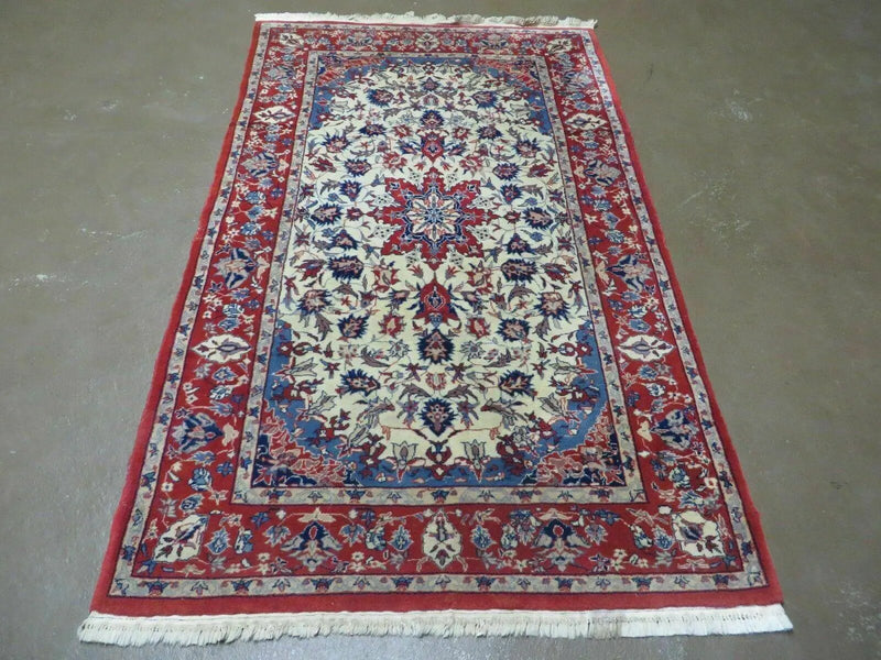 3' X 5' Vintage Handmade Authentic Oriental Floral Medallion Fine Wool Rug Beige Red and Blue Top Quality Veg Dyes by Jewel Rugs