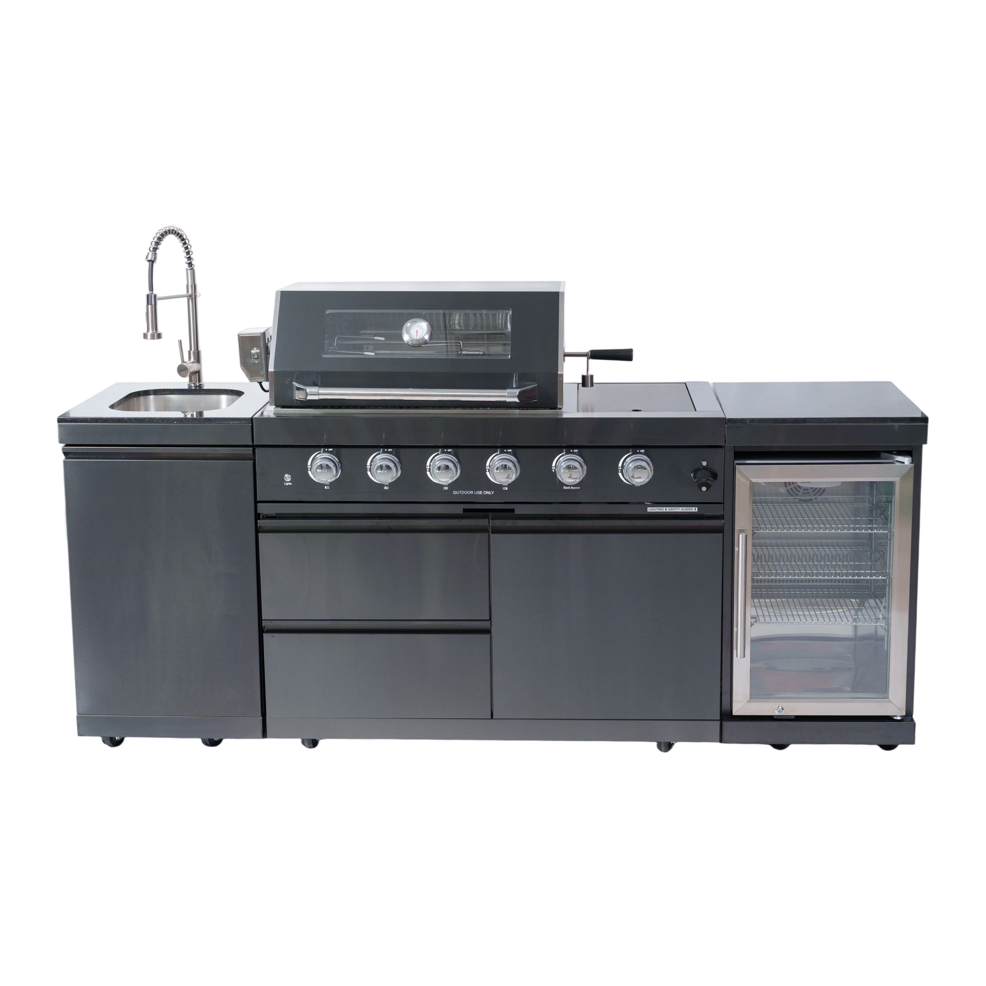 NG 85" 4-Burner 72,000 BTU Black Outdoor Kitchen Island Grill + Refrigerator + Sink by Chery Industrial