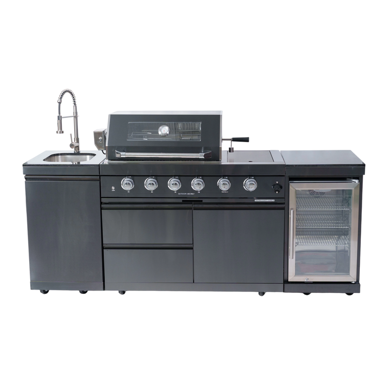 NG 85" 4-Burner 72,000 BTU Black Outdoor Kitchen Island Grill + Refrigerator + Sink by Chery Industrial