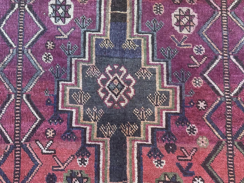 Persian Tribal Shiraz Rug 5x8, Geometric, Raspberry Red and Charcoal, Antique Persian Carpet by Jewel Rugs