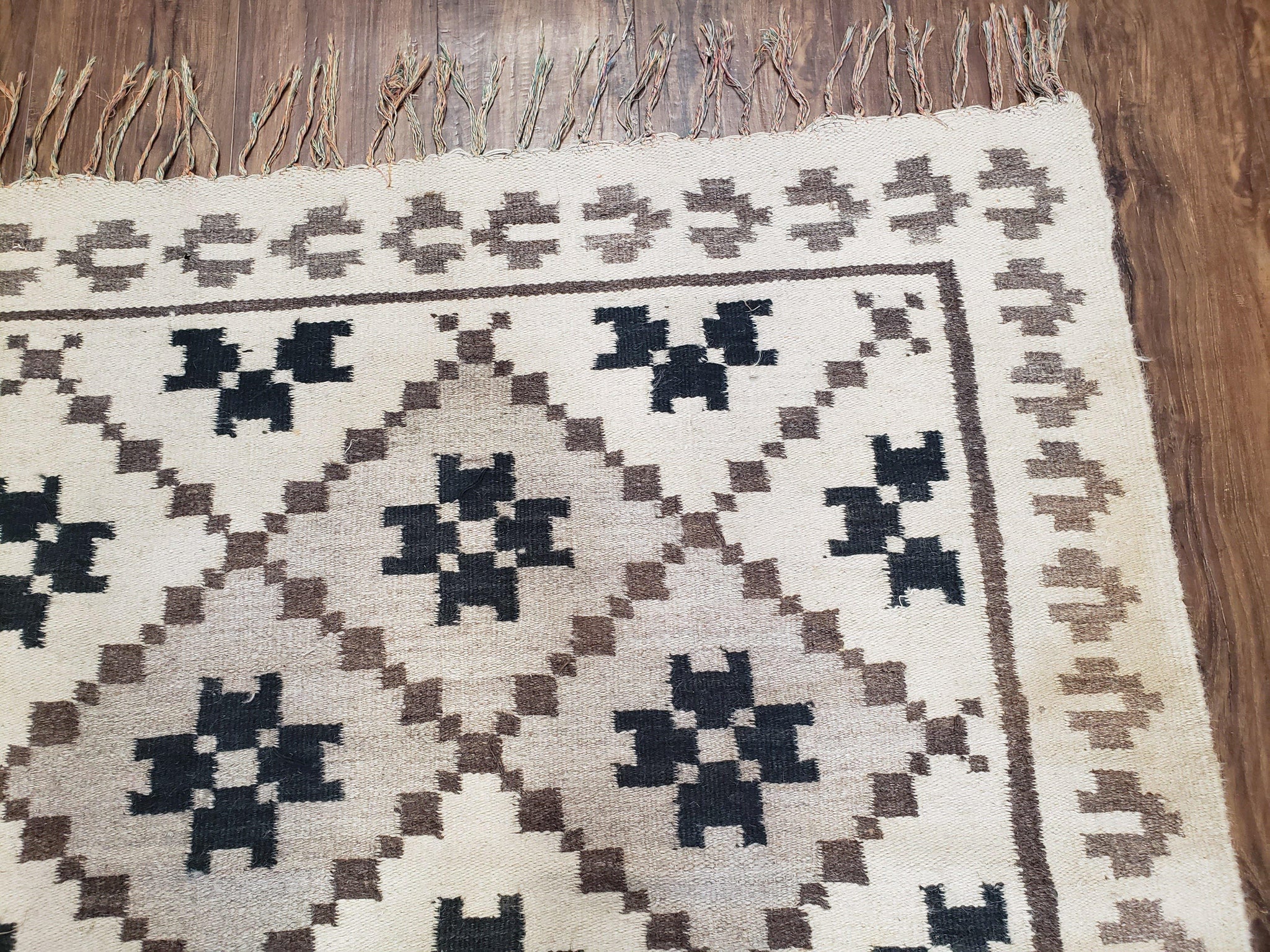 Semi Antique South American Blanket 4x8, Wool Hand-Woven Flatweave Kilim Rug, Handmade Antique Vintage Runner, Ivory & Blue, Diamond Panel by Jewel Rugs