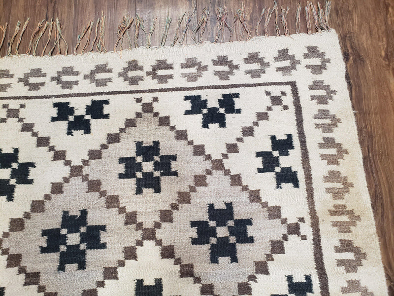 Semi Antique South American Blanket 4x8, Wool Hand-Woven Flatweave Kilim Rug, Handmade Antique Vintage Runner, Ivory & Blue, Diamond Panel by Jewel Rugs