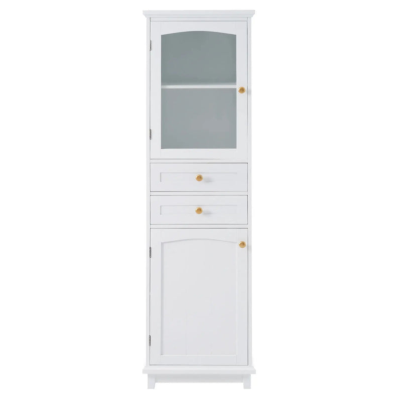 Tall Bathroom Storage Cabinet With Glass Doors, Free-Standing, Two Drawers, And Adjustable Shelves, Board, Painted Perfect For Displaying Your Favorite Items by Unique Piece Furniture