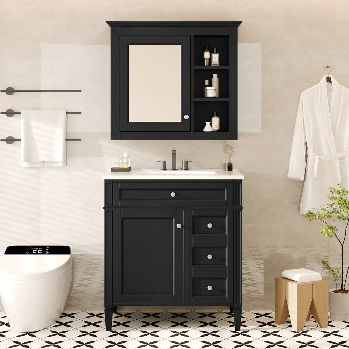 Bathroom Vanity With Top Sink, 2 Doors And 3 Drawers, Freestanding Set With Mirror Cabinet by HouseOfZazla