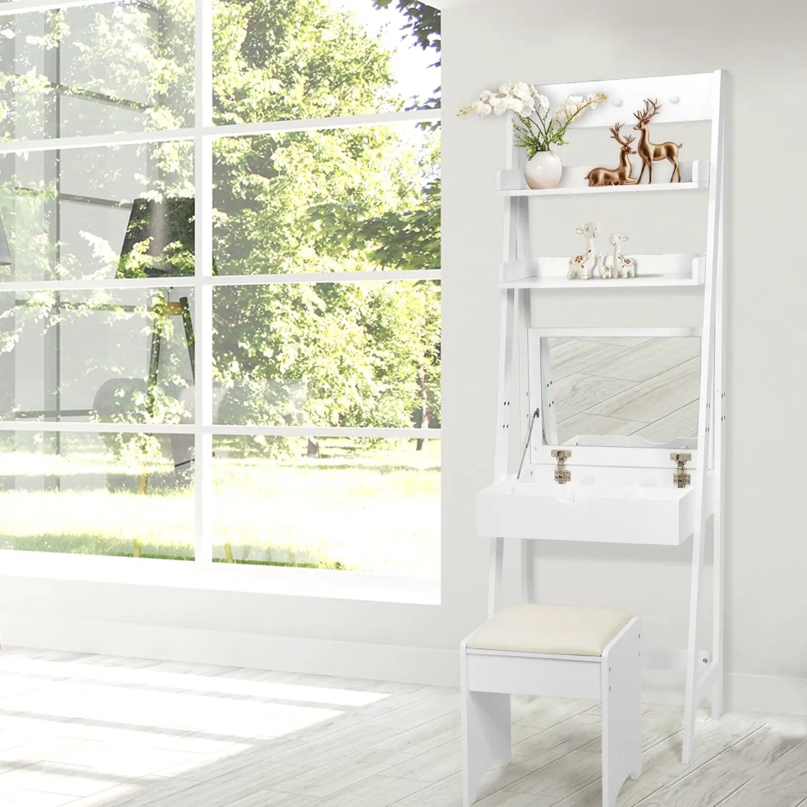 3-in-1 Modern Shelf Vanity Set with Flip Top Mirror and 6 Makeup Organizers by DirectDeals