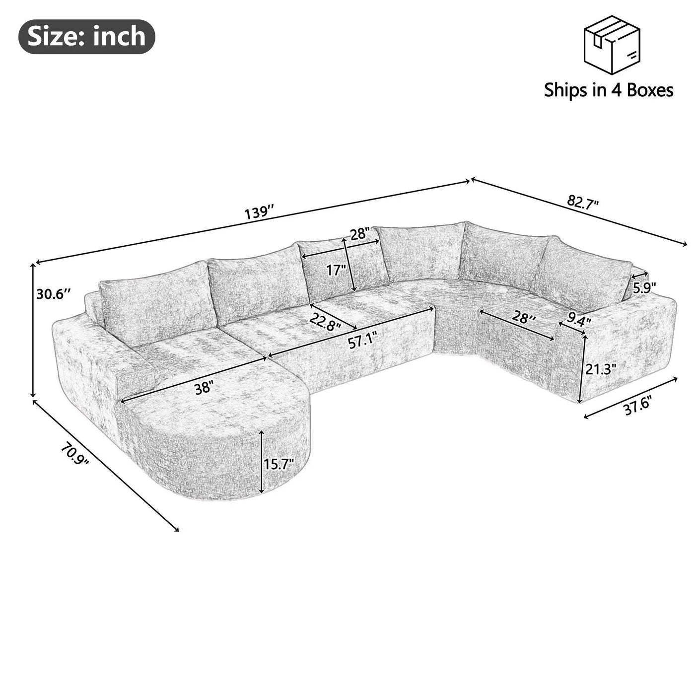 U-Shaped Oversized Modular Cloud Sectional Sofa With Deep Seat For Living Room by Unique Piece Furniture