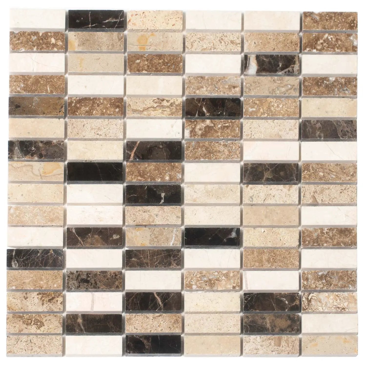 Emperador Dark, Beige Travertine 12x12 Polished Brick Marble Mosaic Tile (5 pack, 5 sq ft/case) by Apollo Tile