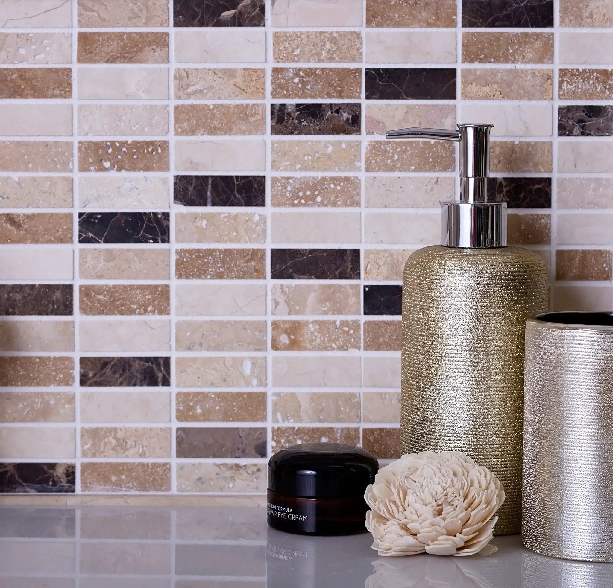 Emperador Dark, Beige Travertine 12x12 Polished Brick Marble Mosaic Tile (5 pack, 5 sq ft/case) by Apollo Tile