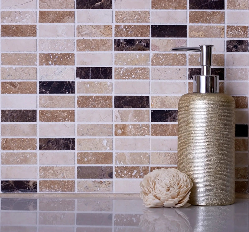 Emperador Dark, Beige Travertine 12x12 Polished Brick Marble Mosaic Tile (5 pack, 5 sq ft/case) by Apollo Tile