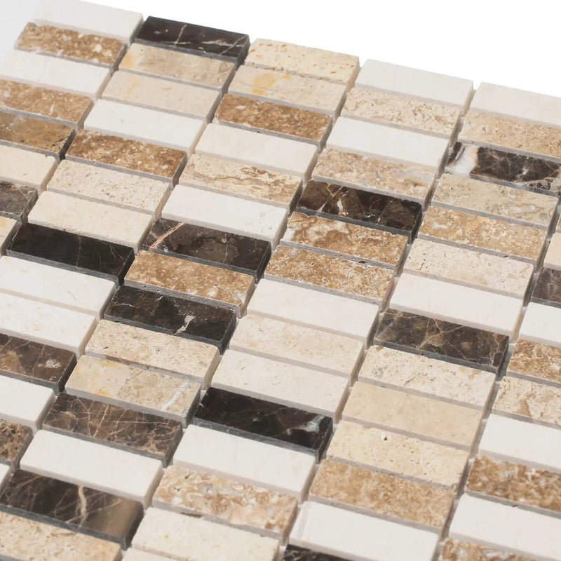 Emperador Dark, Beige Travertine 12x12 Polished Brick Marble Mosaic Tile (5 pack, 5 sq ft/case) by Apollo Tile