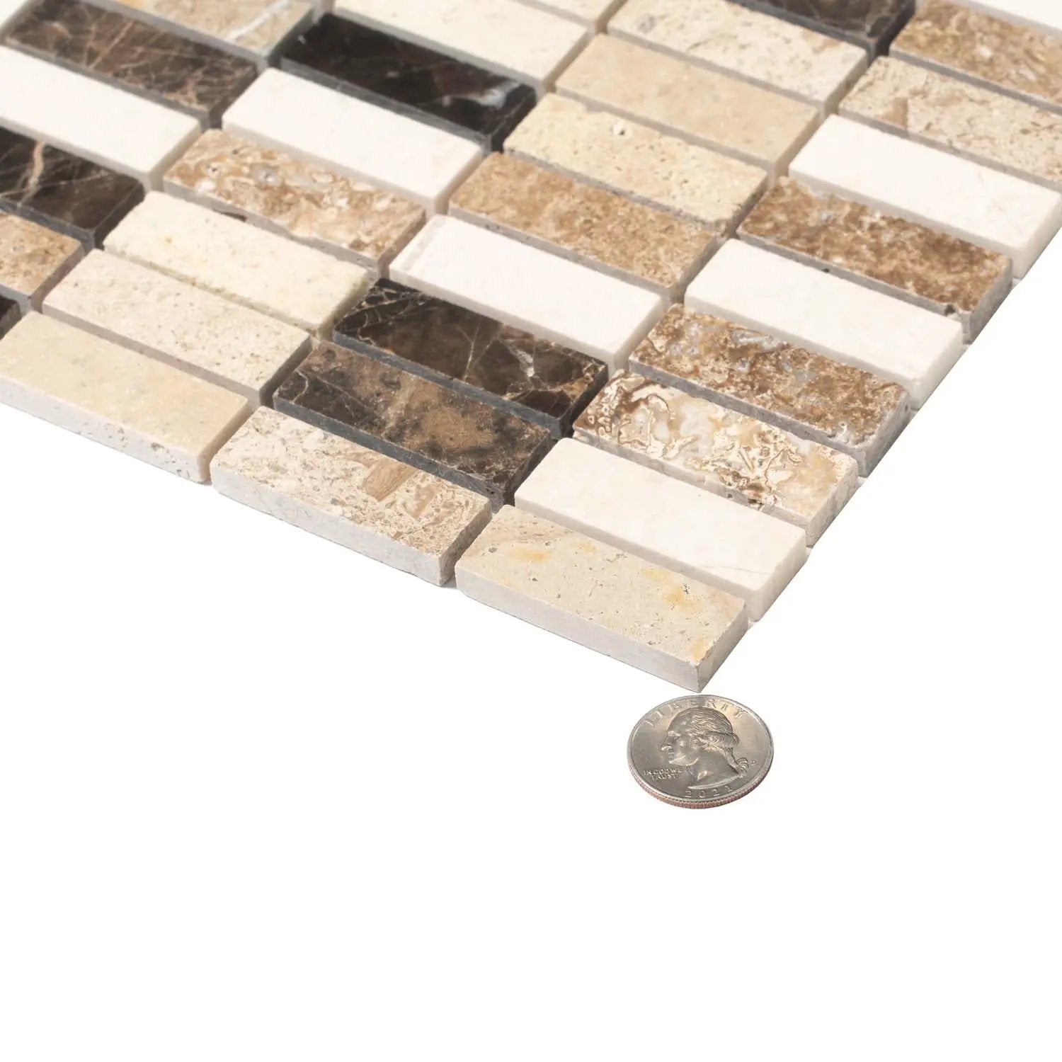 Emperador Dark, Beige Travertine 12x12 Polished Brick Marble Mosaic Tile (5 pack, 5 sq ft/case) by Apollo Tile