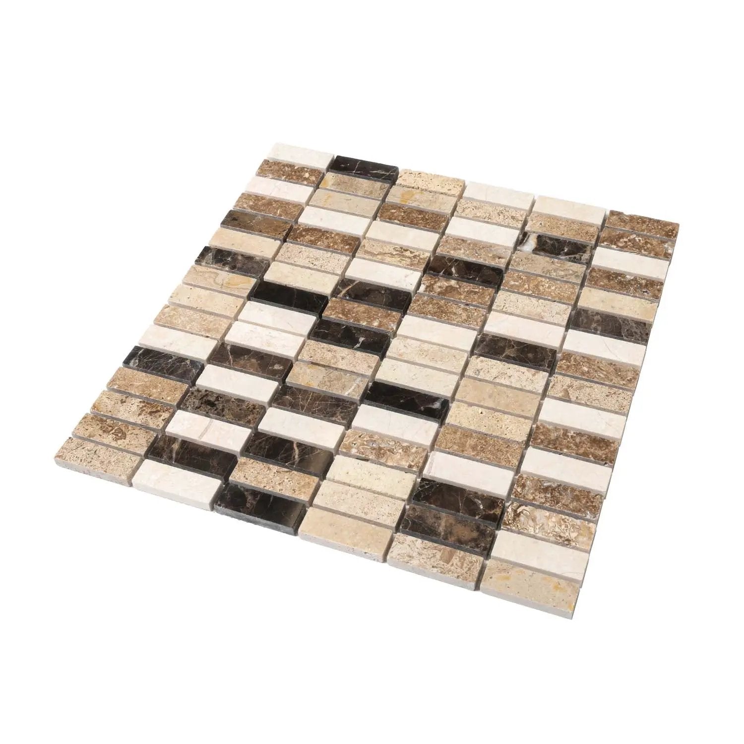 Emperador Dark, Beige Travertine 12x12 Polished Brick Marble Mosaic Tile (5 pack, 5 sq ft/case) by Apollo Tile