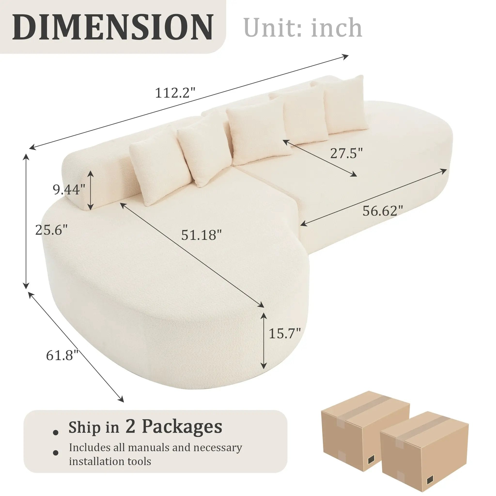 110.2'' Curved Sectional Sofa with 5 Pillows - Ivory by HouseOfZazla