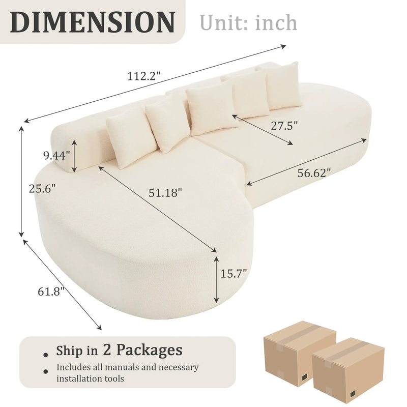 110.2'' Curved Sectional Sofa with 5 Pillows - Ivory by HouseOfZazla