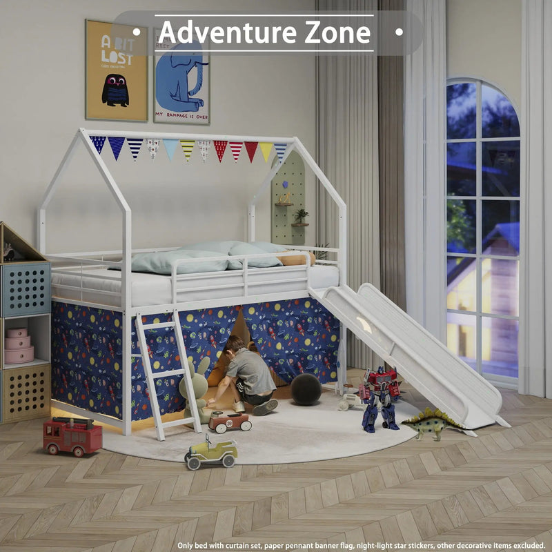 Jack - House Loft Bed With Slide And Curtain Set by HouseOfZazla