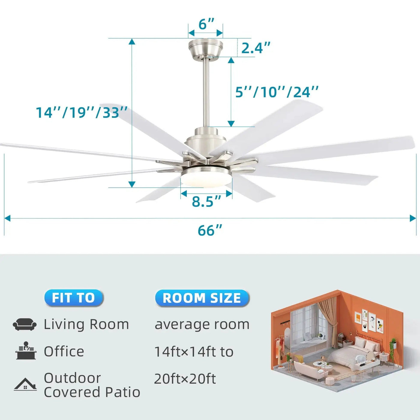 Ceiling Fan With Dimmable LED Light, 8 Blades, Reversible DC Motor, Remote Control by Unique Piece Furniture