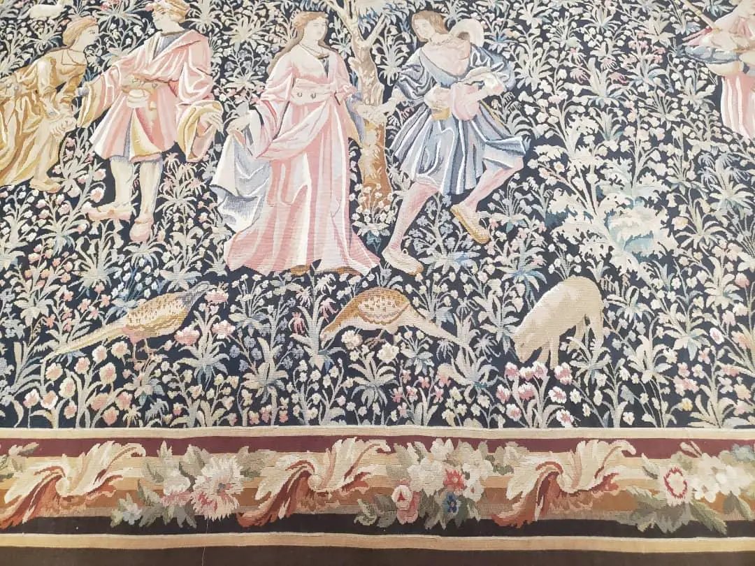 Vintage European Tapestry 5.4 x 7.11, Antique Style European Wall Hanging, Aubusson Weave Handmade Tapestry, Courtship Dating Scene, Animals by Jewel Rugs
