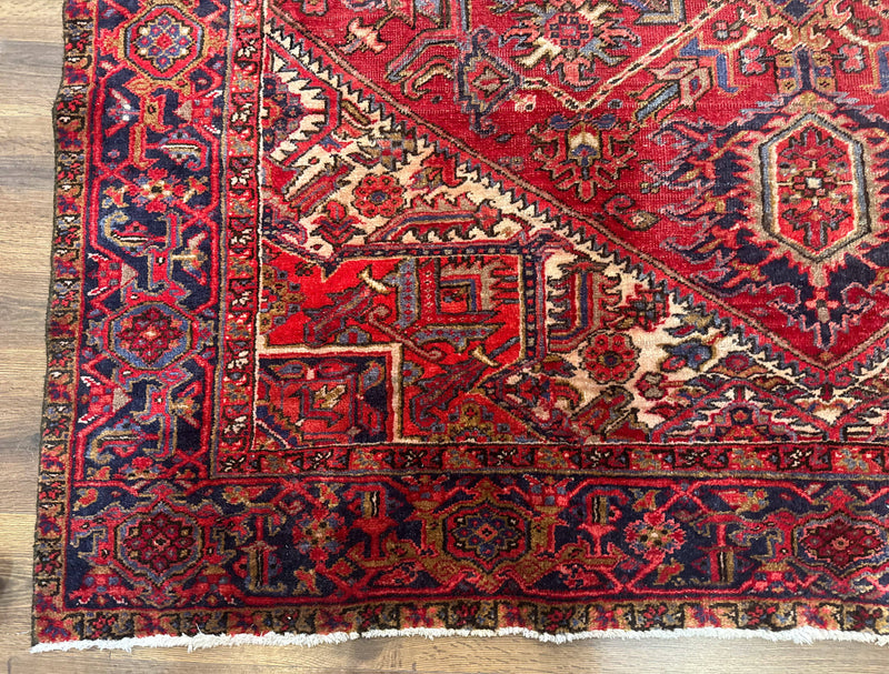 Persian Heriz Rug 7x10, Geometric Pattern, Red Ivory Navy Blue by Jewel Rugs