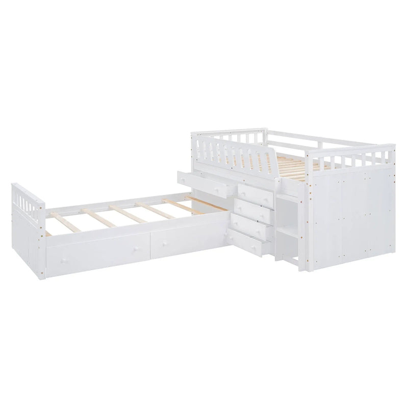 Loft Platform Bed With 7 Drawers And Full Guardrails, Modern L Shaped Space Savin