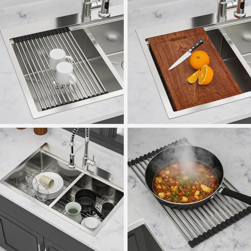 Topmount Drop In Kitchen Sink, Double Bowl Stainless Steel - Brushed Nickel by HouseOfZazla