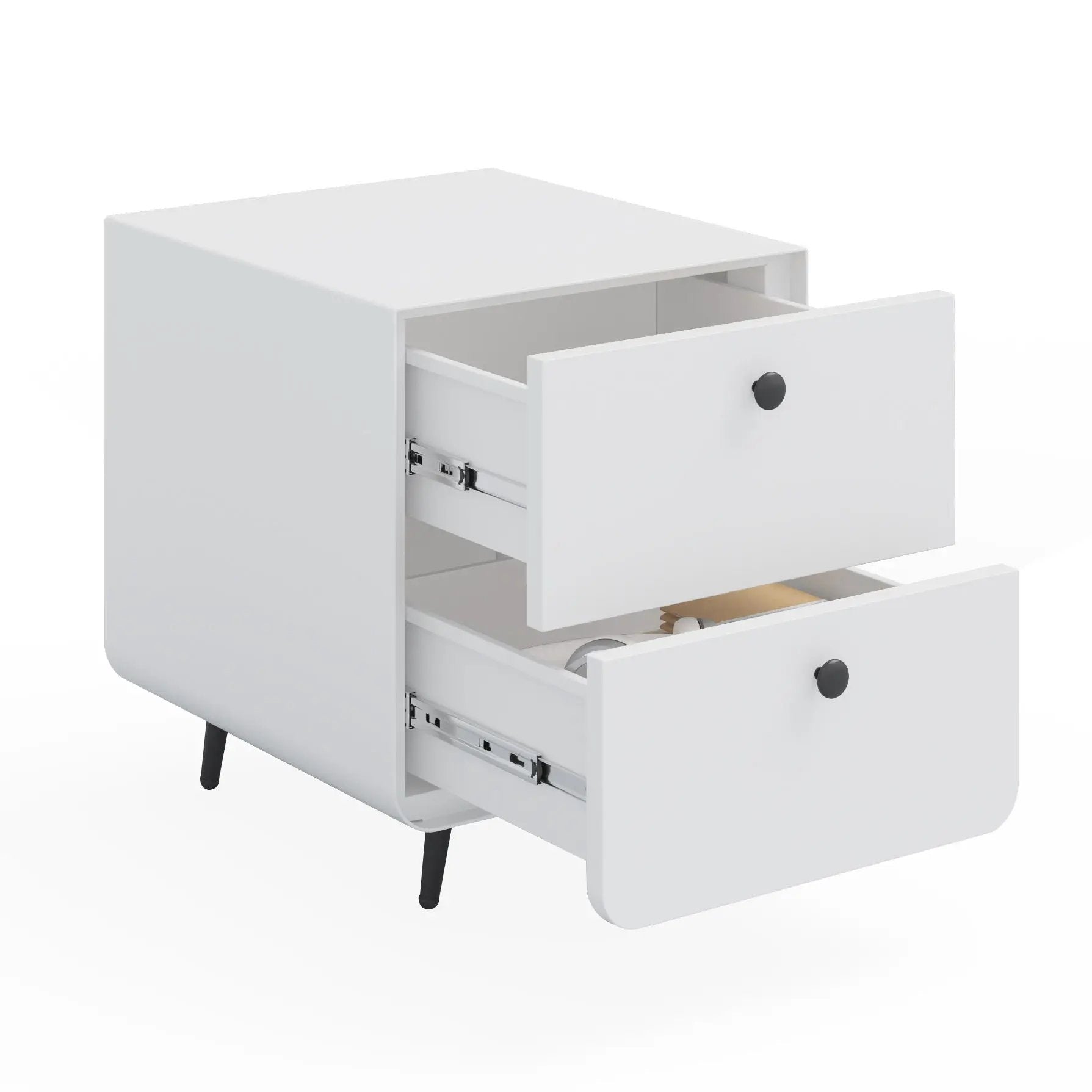 Modern Night Stand Storage Cabinet For Living Room Bedroom, Steel Cabinet With 2 Drawers, Bedside Furniture, Circular Handle - White by HouseOfZazla