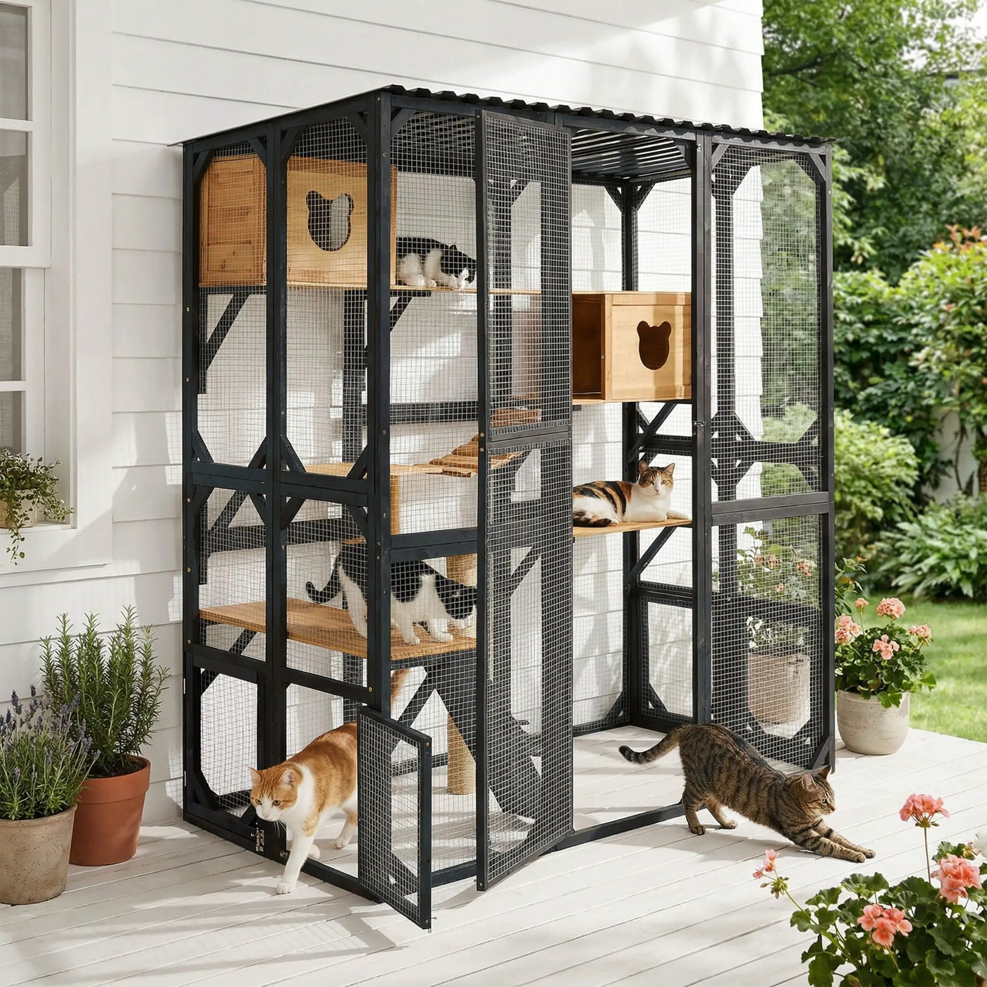 Outdoor Cat Enclosure With Sleeping Houses, Jumping Platforms, Scratching Post by HouseOfZazla