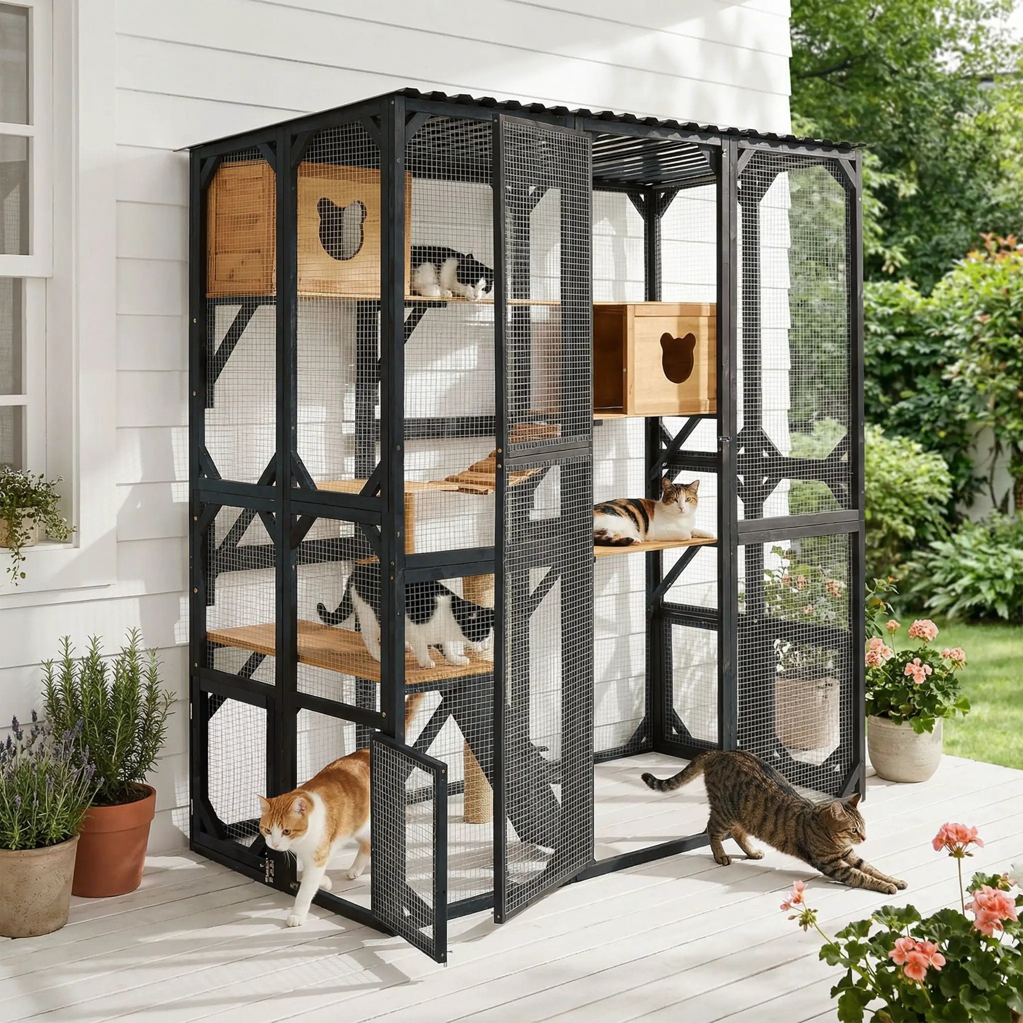 Outdoor Cat Enclosure With Sleeping Houses, Jumping Platforms, Scratching Post by HouseOfZazla