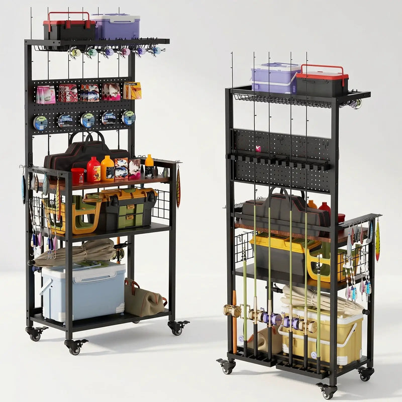 Fishing Rod Storage Rack With Pegboard, Rolling Tackle Organizer Cart - Black by HouseOfZazla