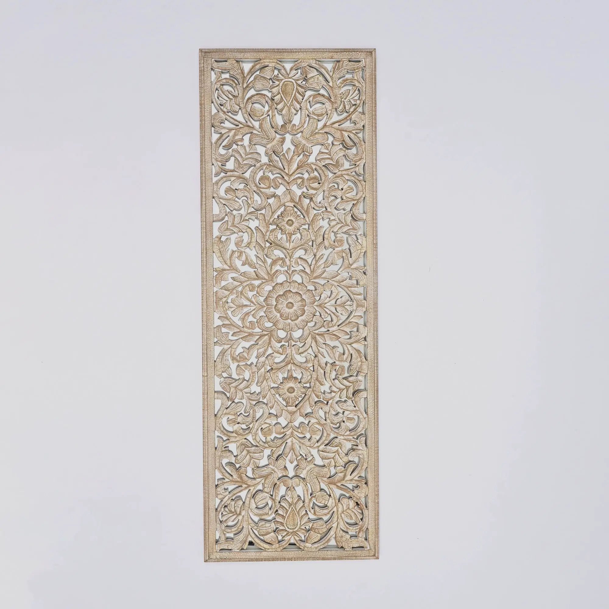 Floral Hand Carved Mandala Rectangle Wall Decor With Mirror - Antique Brown / White by HouseOfZazla