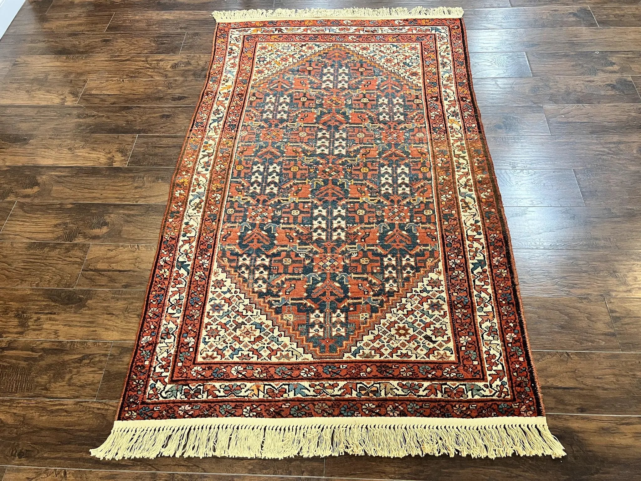 Persian Malayer Rug 4x7, Tribal Rug, Geometric, Antique Oriental Carpet, Red Blue Cream, Boho Rug, Hand Knotted Wool Rug by Jewel Rugs