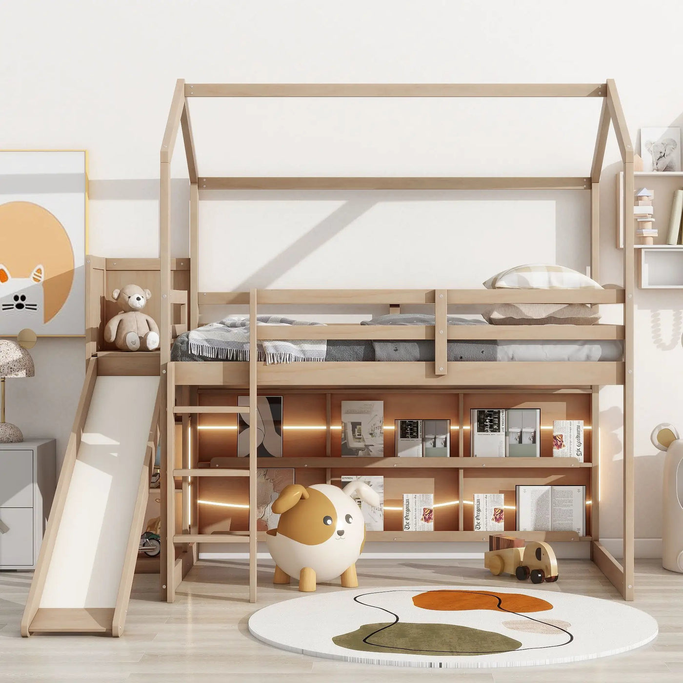 House Loft Bed With Slide, Storage Shelves And Light, Climbing Ramp by HouseOfZazla