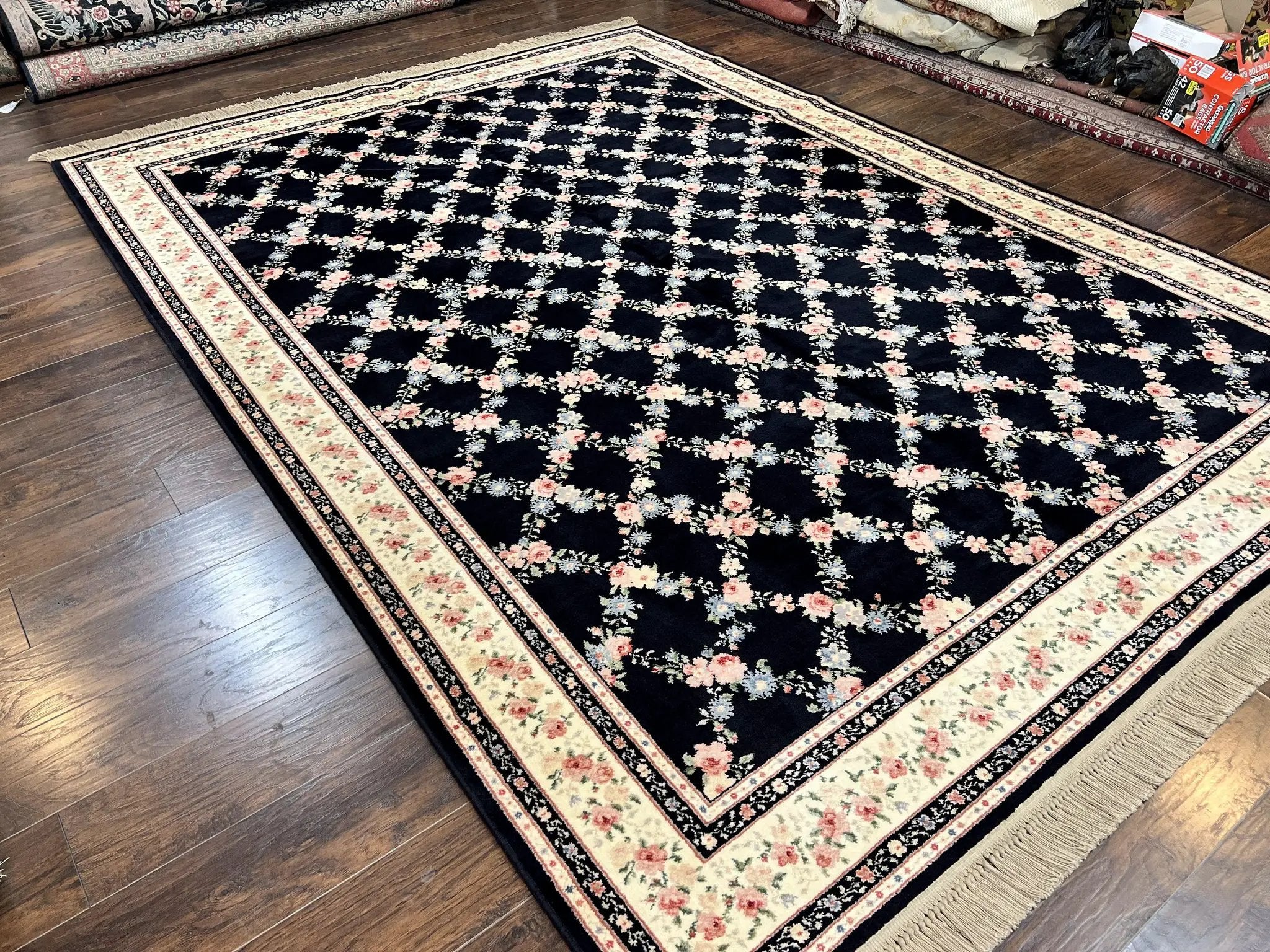 Karastan Rug 8' 8" x 12" Garden of Eden Collection Ebony Trellis #509/1270, Wool Pile Discontinued Vintage Karastan Carpet, Room Sized Rug by Jewel Rugs