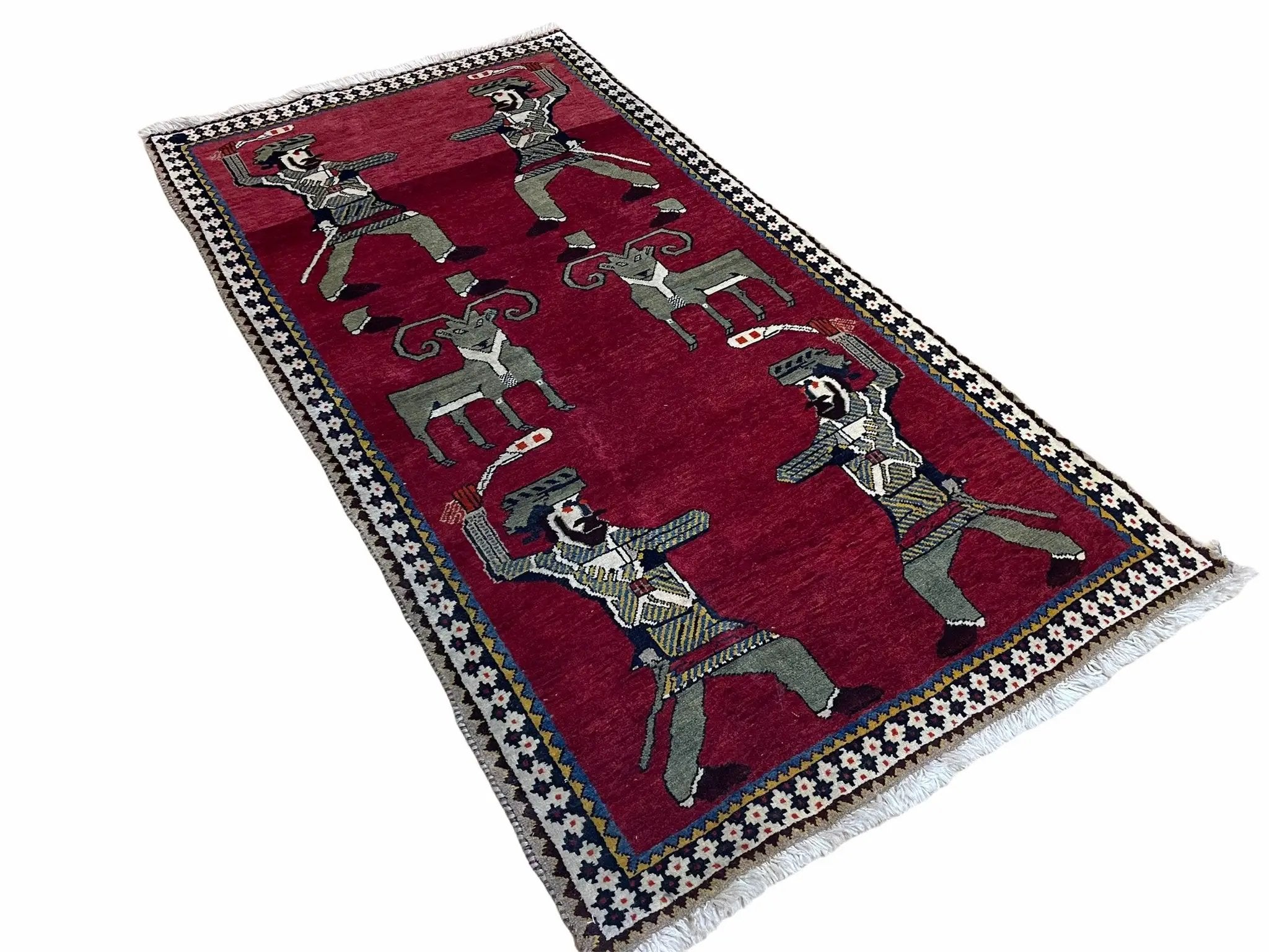 3 X 6 Handmade Wool Rug Tribal Balouch Warriors Deer Animal Pictorial Red Swords by Jewel Rugs