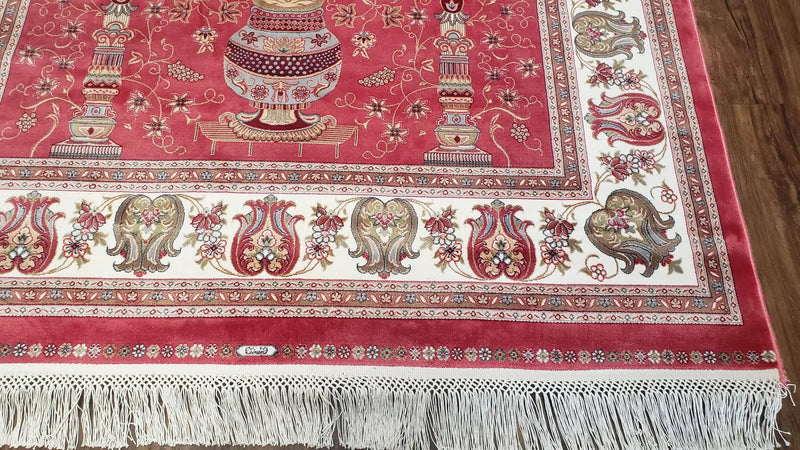 4 x 6 Silk Carpet Red, Traditional Oriental Rug 4x6, Flower Vase Columns, Turkish Rug New, High Quality, Bamboo Silk, Area Rug by Jewel Rugs