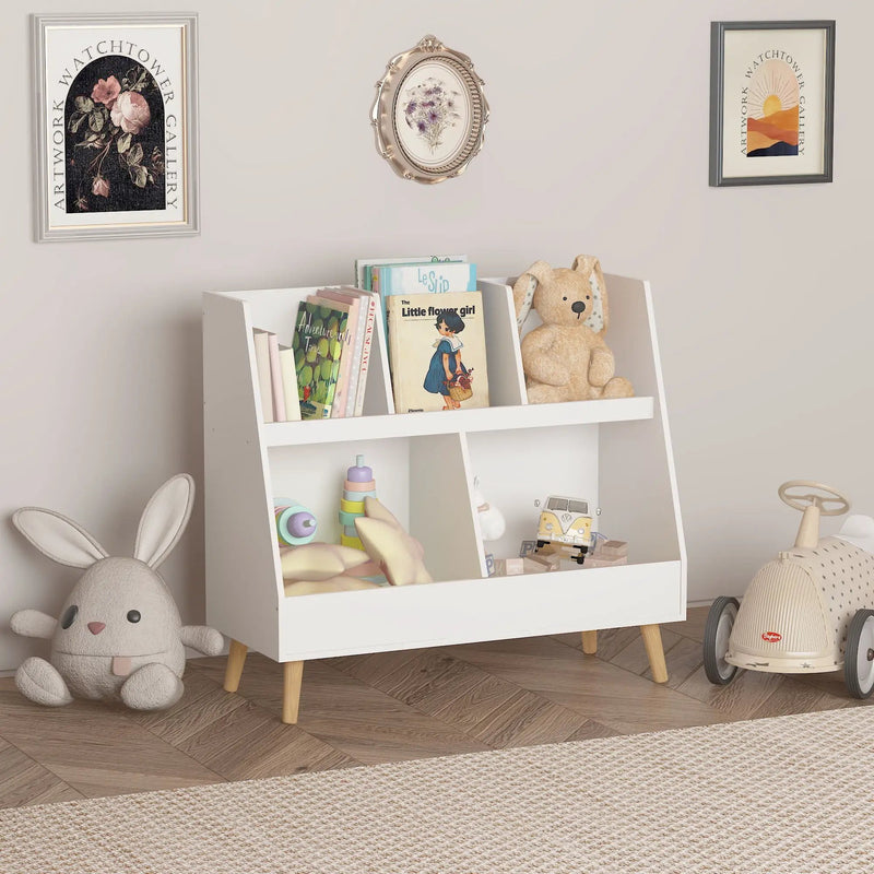 Kids Bookshelf And Toy Organizer, 5 Cubbies Wooden Open Bookcase, 2-Tier Baby Storage Display Organizer With Legs, Free Standing For Playing Room, Bedroom, Nursery, Classroom - White by Unique Piece Furniture