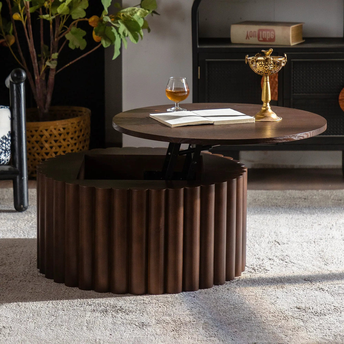 Round Coffee Table With Lift Handcrafted Relief by HouseOfZazla