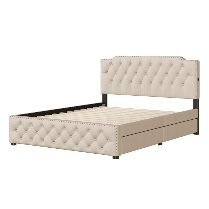 Upholstered Platform Bed With 2 Drawers And 2 Sets Of USB Ports On Each Side, Fabric by Unique Piece Furniture