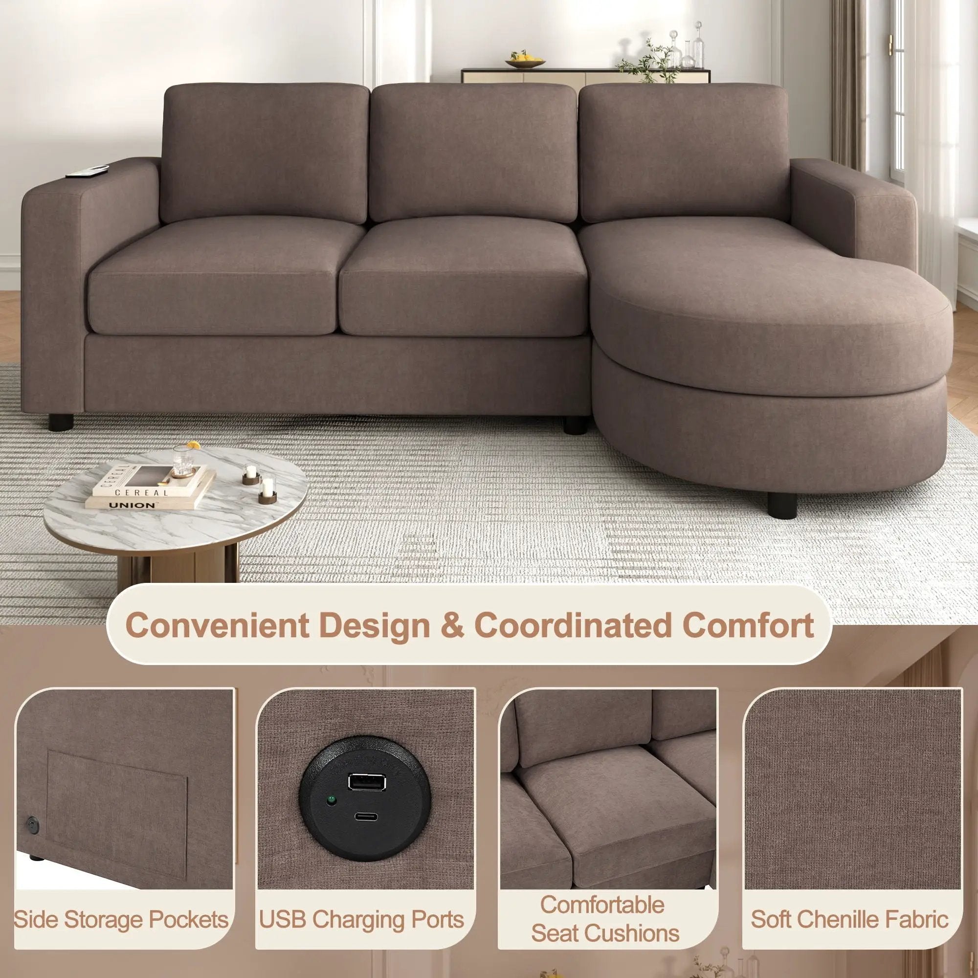 Modern L-Shaped Sectional Sofa With Curved Chaise, USB Ports, And Side Storage Pockets by Unique Piece Furniture