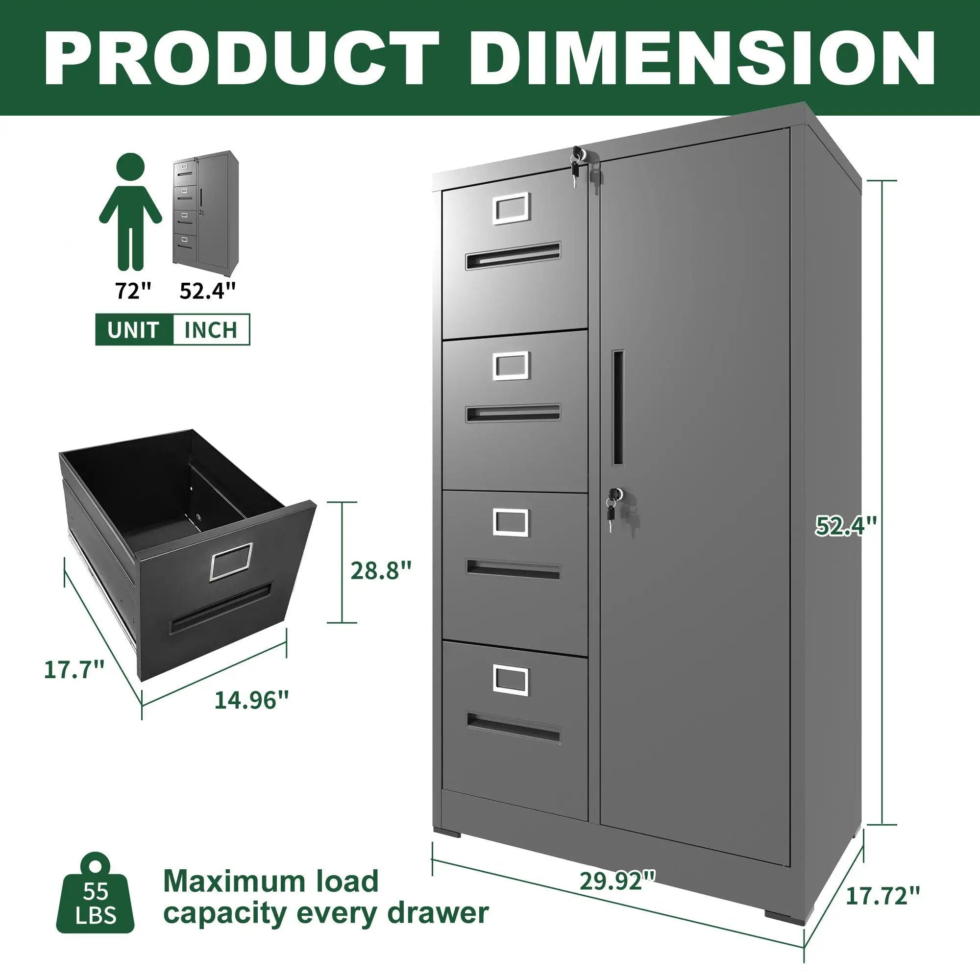 Metal Storage Vertical Filing Cabinet With Lock, 4 Drawers, 1 Door, Steel Construction, School / Office Use by Unique Piece Furniture