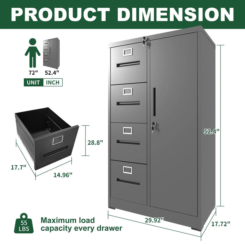 Metal Storage Vertical Filing Cabinet With Lock, 4 Drawers, 1 Door, Steel Construction, School / Office Use by Unique Piece Furniture