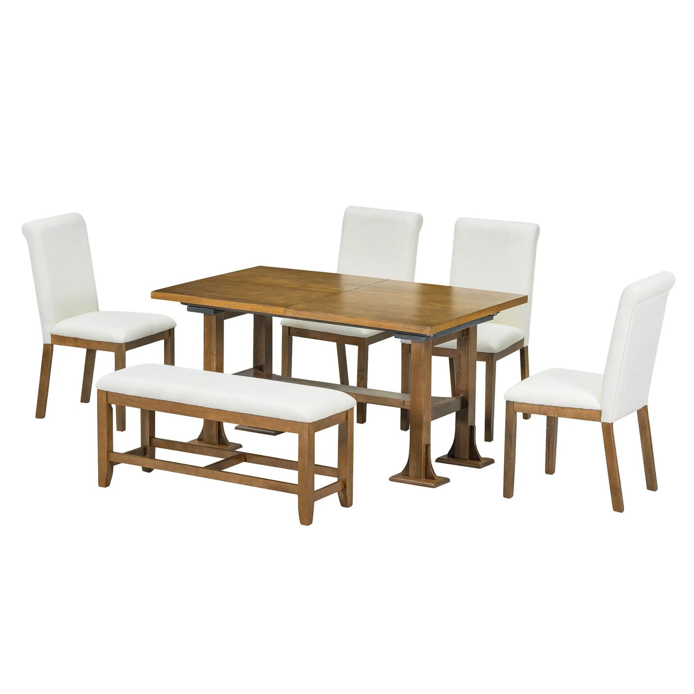 Topmax - 6 Piece Farmhouse Extendable Dining Table Set Trestle Kitchen Table Set With Removable Leaf And Upholstered Dining Chair And Bench For Dining Room by Unique Piece Furniture