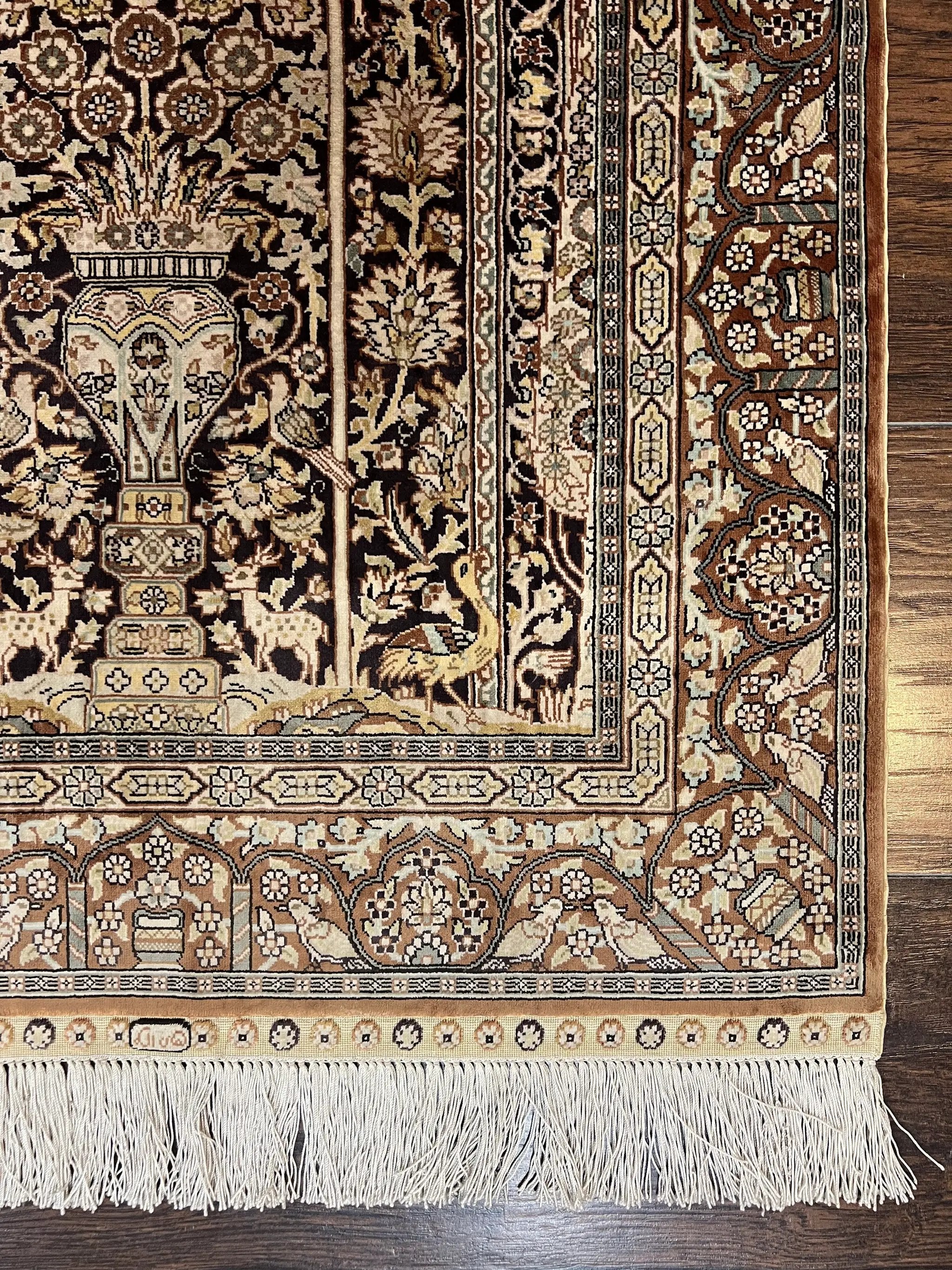 Turkish Silk Hereke Rug 2x3, Floral Vase Tree of Life Birds, Silk Pile on Silk Foundation, Vintage Oriental Carpet, Very Fine, Signature by Jewel Rugs