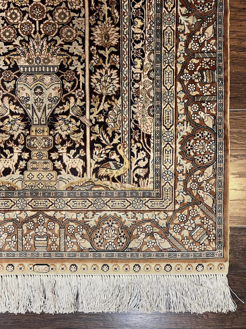Turkish Silk Hereke Rug 2x3, Floral Vase Tree of Life Birds, Silk Pile on Silk Foundation, Vintage Oriental Carpet, Very Fine, Signature by Jewel Rugs