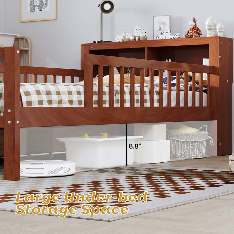 Bed With Headboard Storage Rack, 2 Under Bed Drawers, 3 Side Guardrails For Safety by Unique Piece Furniture